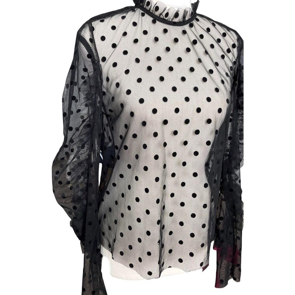 Polka-Dot Tulle Mock Neck Top, Sz US2, Black, Victorian, Gothic, Preppy, Grunge
